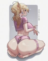 1girls aelion_draws ass back bare_feet barefoot blonde_hair blue_eyes breasts choker clothing crop_top dat_ass feet female female_only full_body huge_ass huge_breasts kneeling light-skinned_female light_skin long_hair looking_down mario_(series) midriff nintendo panties pink_panties pink_shirt ponytail princess princess_peach seiza shirt simple_background sitting_on_soles skindentation soles solo sweat sweaty_body thick_thighs thigh_strap thighs thong tied_hair toes underwear wedgie wristband