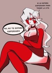 1girls big_breasts blush canada_(countryhumans) clothing countryhumans countryhumans_girl female female_only gray_background long_hair mimmy-chan multicolored_body multicolored_skin red_eyes simple_background spanish_text text wavy_hair white_hair