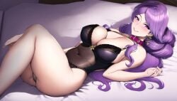 ai_generated black_lingerie blush camilla_(fire_emblem) collar fire_emblem fire_emblem_fates large_breasts lingerie matalica nintendo novelai on_back on_bed pinup posie purple_eyes purple_hair smile wallpaper