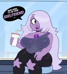 1girls 2d :3 amethyst_(steven_universe) anthro big_breasts cartoon_network clothing female fully_clothed gem_(species) lips no_penetration no_sex shortstack solo solo_female somescrub steven_universe text thunder_thighs voluptuous