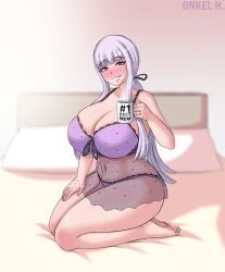 1girls aged_up big_breasts blush breasts busty commission danganronpa female grin hi_res holding_object hourglass_figure huge_breasts kirigiri_kyouko kneeling large_breasts lavender_hair light-skinned_female light_skin lingerie long_hair mature_female milf mother mug naughty_face onkel_h purple_eyes smile straight_hair thick_thighs thighs voluptuous voluptuous_female wide_hips