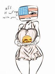 1girls america angry angry_face apron clothing countryhumans countryhumans_girl english_text female female_only flawsy food hamburger simple_background text united_states_of_america_(countryhumans) white_background wholesome