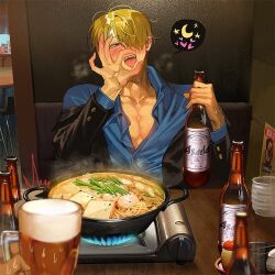 2boys alcohol beer blonde_hair blush detailed_background drunk fellatio_gesture food hair male male/male male_only nori31291404 one_piece open_mouth pov restaurant sanji solo_focus suit sweat tongue_out vinsmoke_sanji yaoi