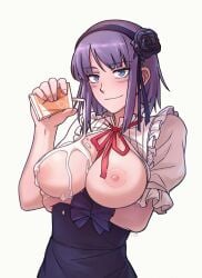 1girls 2022 areola arm_under_breasts big_breasts blush breasts breasts_out breasts_out_of_clothes breasts_outside busty closed_mouth dagashi_kashi eyebrows_visible_through_hair eyelashes female large_breasts light-skinned_female looking_at_viewer nipples no_bra purple_eyes purple_hair seductive seductive_look sexually_suggestive shidare_hotaru simple_background smile solo suggestive_fluid teasing teenage_girl teenager ttf upper_body white_background