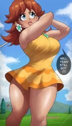 1girls absurdres big_breasts blue_eyes breasts brown_hair clothed clothing earrings echosaber english_text female female_only freckles front_view golf golfing grass holding_object human long_hair mario_(series) mario_golf minidress motion_lines nintendo orange_hair outdoors outside plains princess_daisy short_dress solo standing text_bubble thick_thighs thighs wide_hips yellow_clothing yellow_dress