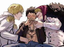 3boys black_hair blonde_hair blush bulge chest_tattoo chu884 chullo clone coif donquixote_rosinante dual_persona ear_biting erection_under_clothes facepaint fully_clothed gay hat headwear holding_hands hoodie lipstick looking_at_another makeup male male_only marine_(one_piece) mmm_threesome naval_uniform official_alternate_costume one_piece red_lipstick sweat tattoo teasing threesome touching_penis trafalgar_law uniform yaoi