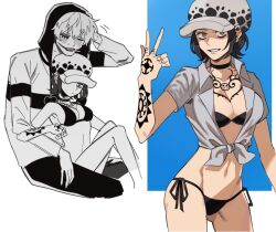 1boy 1girls bikini black_bikini black_hair chest_tattoo choker cleavage donquixote_rosinante female female_focus genderswap_(mtf) hat headwear looking_at_viewer male medium_breasts nero_is_so_cute one_piece rule_63 short_hair shounen_jump side-tie_bikini sideboob sitting_on_lap sitting_on_person smile swimsuit tattoo tattoos tied_shirt trafalgar_law trafalgar_law_(female) v yellow_eyes