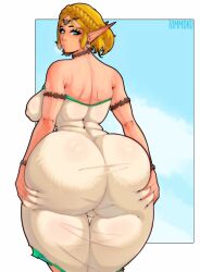 2023 artist_name ass ass_in_dress big_breasts bimbo blonde_hair border bottom_heavy crown_braid dress elf_ears fat_ass green_eyes hands_on_ass hands_on_own_ass huge_ass lard_ass massive_ass nintendo princess princess_zelda royalty see-through_clothing short_blonde_hair short_hair side_boob tears_of_the_kingdom the_legend_of_zelda thick thick_thighs thigh_gap tight_dress tommoku white_border zelda_(tears_of_the_kingdom) zonai_outfit