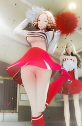 2girls 3d 3d_(artwork) alternate_hairstyle amateurthrowaway ann_takamaki atlus blue_eyes breasts brown_eyes brown_hair cheerleader cheerleader_uniform curly_hair female hair_down haru_okumura holding_object huge_breasts indoors light-skinned_female light_skin long_hair midriff no_panties persona persona_5 pom_poms pussy short_hair short_skirt skirt thighs uncensored underboob wink