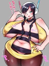 1girls alternate_breast_size black_hair confident elesa_(pokemon) elesa_(pokemon_bw2) female female_only game_freak huge_breasts hyper_breasts jinzai_5 nintendo pokemon pokemon_bw2 revealing_clothes solo thick_thighs venus_body voluptuous wink