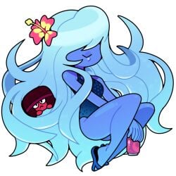 anthro blue_skin cartoon_network discount-supervillain female female_only flower_in_hair gem_(species) hair_covering_eye hair_over_eyes long_hair one-piece_swimsuit red_skin ruby_(steven_universe) sandals sapphire_(steven_universe) smile smiling soda_can steven_universe swimsuit tagme_(artist) thick_thighs