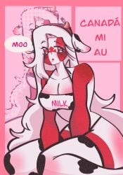 1girls big_breasts blush breasts canada_(countryhumans) cleavage clothing collarbone countryhumans countryhumans_girl cow_print cow_print_thighhighs eyelashes fake_animal_ears fake_horns female female_only hourglass_figure lips long_hair looking_to_the_side mimmy-chan mooing multicolored_body multicolored_skin red_eyes sitting spanish_text text thick_thighs thighhighs thighs thin_waist wavy_hair white_hair