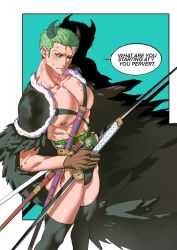 anger_vein annoyed big_pecs black_legwear black_thighhighs cape cloak english_text frown green_hair haramaki horns k_zaooo katana looking_at_viewer male male_only muscular muscular_male one_eye_closed one_piece pauldrons pecs roronoa_zoro scar scar_across_eye solo sweat sword talking_to_viewer teal_background thighhighs weapon