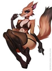 2023 2d anthro artist_name bikini bikini_top black_fur black_nose black_pupils blue_eyes breasts brown_body brown_fur condom digital_media_(artwork) female female_focus fox fur furry furry_female furry_only garter_straps holding_condom johnfoxart kayla_(candle_fox_art) looking_at_viewer mammal patreon_url scar sitting smile smiling_at_viewer solo stockings tagme tail thick_thighs url white_background white_sclera