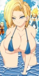 1girls 2boys android_18 bald big_ass big_breasts bikini blonde_hair blue_eyes breasts dragon_ball dragon_ball_z female female_focus huge_breasts krillin kuririn large_breasts male omochi_db short_hair super_saiyan thick_thighs vegeta yellow_hair