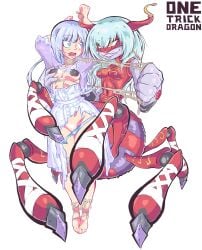 archnemon barefoot blue_eyes bondage digimon digimon_(species) half_naked horn horns idolmaster multi_leg multi_limb onetrickdragon red_skin ripped_clothing shiraishi_tsumugi silver_hair spider spider_web yellow_eyes yuri