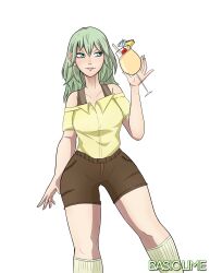 >:) 1girls alternate_version_available ass_visible_through_thighs bare_arms bare_shoulders basic_lime breasts byleth_(fire_emblem) byleth_(fire_emblem)_(female) collarbone drink female female_only fire_emblem fire_emblem:_three_houses green_eyes green_hair grin hair_between_eyes holding holding_object legs medium_breasts medium_hair nintendo short_sleeves shorts shoulders smile solo standing upper_body white_background