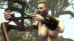 3d big_breasts bow casual computer electronics fallout fallout_76 female female_only green_hair green_lipstick human makeup naked naked_female odio_(original_character) original_character pale_skin pip-boy screenshot weapon wristwear