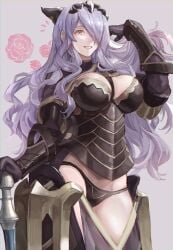 1girls absurdres armor axe bare_thighs battle_axe black_armor black_panties blush bodice breasts camilla_(fire_emblem) cleavage female female_only fire_emblem fire_emblem_fates flower gloves hair_over_one_eye highres inner_thighs large_breasts legs long_hair looking_at_viewer nintendo open_mouth panties parted_lips purple_eyes purple_hair rose smile sobasakuhin solo thighs tiara underwear very_long_hair wavy_hair weapon