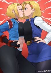 2girls almost_kissing android_18 angry ass blonde_hair blue_eyes blue_jacket blue_skirt breasts breasts_pressed_together breasts_to_breasts british cammy_white capcom catfight choker crossover dragon_ball dragon_ball_z earring female female_focus female_only fight flytrapxx fully_clothed glaring hi_res highres imminent_fight leggings light-skinned_female light_skin pressed_together short_hair shueisha skirt squished_breasts staredown street_fighter street_fighter_6 tights toei_animation trousers union_jack weekly_shonen_jump zipper