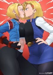 2girls almost_kissing android_18 angry ass blonde_hair blue_eyes blue_jacket blue_skirt breasts breasts_pressed_together breasts_to_breasts british cammy_white capcom catfight choker crossover dragon_ball dragon_ball_z earring female female_focus female_only fight flytrapxx fully_clothed glaring hi_res highres imminent_fight leggings light-skinned_female light_skin pressed_together short_hair shueisha skirt squished_breasts staredown street_fighter street_fighter_6 tights toei_animation trousers union_jack weekly_shonen_jump yuri zipper