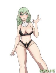 >:) 1girls alternate_version_available areolae ass_visible_through_thighs basic_lime black_panties bra breasts breasts_out byleth_(fire_emblem) byleth_(fire_emblem)_(female) female female_only fire_emblem fire_emblem:_three_houses green_eyes green_hair grin hair_between_eyes legs medium_breasts medium_hair nintendo nipples off_shoulder one_breast_out panties smile solo standing underwear undressing upper_body white_background