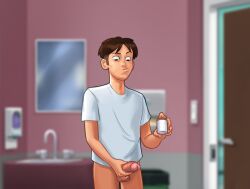 1boy 2d balls bathroom bottomless boxers_down brown_hair clothed clothing darkcookie digital_drawing_(artwork) digital_media_(artwork) getting_erect half-dressed half_naked hand_on_penis holding holding_object light-skinned_male light_skin looking_at_penis looking_down main_character_(summertime_saga) male male_focus male_only mirror pants pants_down penis room shorts shorts_down sink skinny solo solo_focus solo_male standing summertime_saga topwear unamused