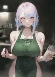 ai_generated alternate_breast_size apron_only cd_projekt_red cyberpunk:_edgerunners cyberpunk_2077 female female_only huge_breasts iced_latte_with_breast_milk light-skinned_female looking_at_viewer lucyna_kushinada meme pucchixo starbucks studio_trigger