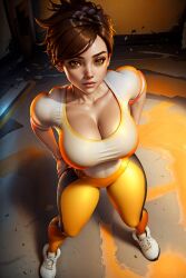 1girls ai_generated big_breasts blizzard_entertainment cleavage curvy curvy_body curvy_female curvy_figure female female_only fr34ky hi_res high_resolution highres huge_breasts lena_oxton looking_at_viewer overwatch overwatch_2 seductive_eyes shiny_skin solo stable_diffusion tights tracer