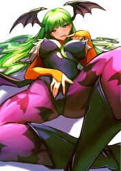 1girls ap_cammy bat_wings big_breasts blunt_bangs breasts busty capcom cleavage clothing come_hither darkstalkers demon demon_girl demon_humanoid demon_wings demoness female female_only finger_to_mouth green_hair head_wings inviting large_breasts legs leotard long_hair lying medium_breasts morrigan_aensland naughty_face smile spread_pussy_under_clothes succubus succubus_costume succubus_wings thighs voluptuous wings