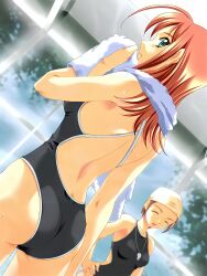 2girls ass back backboob backless_swimsuit big_ass big_breasts breasts busty closed_eyes competition_school_swimsuit female female_only from_behind green_eyes hand_on_own_hip kimi_ga_nozomu_eien large_breasts legs long_hair looking_at_viewer looking_back medium_breasts multiple_girls one-piece_swimsuit red_hair school_swimsuit smile suzumiya_akane swimsuit thighs towel voluptuous wet