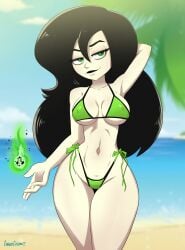 1girls arm_behind_head artist_name beach bedroom_eyes big_breasts bikini black_hair blurry blurry_background bottomwear breasts cleavage clothed clothing cloud cubedcoconut day depth_of_field disney female female_solo fire green_bikini green_clothing green_eyes green_swimwear half-closed_eyes kim_possible large_breasts light-skinned_female light_skin long_hair looking_at_viewer naughty_face navel nipple_outline ocean outdoors pale-skinned_female pale_skin portrait pose sea seaside seductive seductive_smile shego sky smile smiling_at_viewer solo solo_female standing swimwear thick_thighs thighs three-quarter_portrait topwear water white-skinned_female white_skin wide_hips