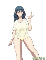 >:) 1girls alternate_version_available ass_visible_through_thighs basic_lime blue_eyes breasts byleth_(fire_emblem) byleth_(fire_emblem)_(female) covered_nipples female female_only fire_emblem fire_emblem:_three_houses grin hair_between_eyes legs medium_breasts medium_hair nintendo panties shirt smile solo standing teal_hair underwear upper_body white_background yellow_panties