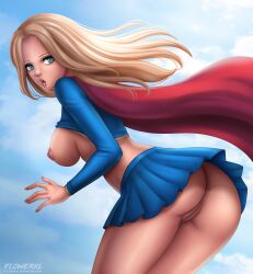 1girls artist_logo ass big_breasts blonde_hair blue_eyes blue_skirt breasts cape costume curvy_body curvy_female curvy_figure daytime dc deviantart_username erect_nipples female female_only flowerxl heroine in_sky kara_danvers kara_zor-el kryptonian large_ass light-skinned_female light_skin logo long_hair medium_breasts nipples nude panties_showing pink_lipstick pussy red_cape scared scared_expression shirt_up side_view skirt sky sleeves solo straight_hair supergirl superheroine superman_(series) thick_thighs vagina