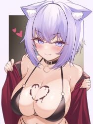 2023 animal_ear_fluff animal_ears bare_shoulders big_breasts bikini bikini_top black_bikini black_bikini_top blush breasts burnt_(81652723) cat_ears chocolate chocolate_heart chocolate_on_breasts cleavage collar collarbone eyebrows_visible_through_hair eyelashes heart hololive hololive_gamers hololive_japan nekomata_okayu presenting presenting_breasts presenting_self purple_eyes purple_hair solo upper_body valentine's_day virtual_youtuber