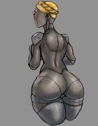 1girls albinion ass atomic_heart blonde_hair blush braided_hair eyeless female female_only grey_background grey_body hi_res mouthless pussy rear_view right_(atomic_heart) robot robot_humanoid solo the_twins_(atomic_heart) thick_ass thick_thighs