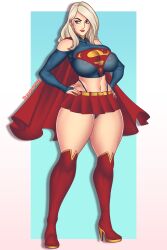 2d 2d_(artwork) bemannen big_ass big_breasts blonde_hair blue_eyes breasts dc dc_comics kara_danvers kara_zor-el microskirt miniskirt skirt solo supergirl superheroine superman_(series) thong_above_skirt