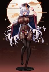 absurdres alternate_costume black_thighhighs blue_eyes bodysuit breasts commentary_request condom condom_belt cum cum_on_body female full_body genshin_impact grey_hair hair_bun hair_over_one_eye highres jiangshi large_breasts legs looking_at_viewer nipples one_eye_covered open_mouth pantyhose pelvic_curtain shan_far shenhe_(genshin_impact) smile solo standing thighhighs thighs tongue tongue_out used_condom wide_sleeves