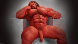 a0secret balls bara black_hair broken_horn chest_hair dark_horse demon facial_hair flaccid hellboy hellboy_(series) horns male male_only muscles muscular nude penis red_body red_skin sitting solo solo_male spread_legs tail