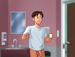 1boy 2d bathroom bottomless boxers_down brown_hair caught clothed clothing darkcookie digital_drawing_(artwork) digital_media_(artwork) half-dressed half_naked holding holding_object light-skinned_male light_skin main_character_(summertime_saga) male male_focus male_only mirror open_mouth pants pants_down penis room shocked shocked_expression shorts shorts_down sink skinny solo solo_focus solo_male standing summertime_saga topwear