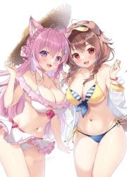 2girls :d animal_ears antenna_hair bikini bikini_skirt blue_bikini blush bone_hair_ornament braid breasts brown_hair cleavage collarbone commentary_request crossed_bangs dog_ears dog_girl dog_tail fangs french_braid hair_between_eyes hair_ornament hakui_koyori hexagon_hair_ornament highres hololive hololive_gamers hololive_japan holox inugami_korone large_breasts layered_bikini long_hair mikeou mismatched_bikini multiple_girls nail_polish navel open_mouth pink_hair purple_eyes red_eyes side-tie_bikini_bottom simple_background smile standing striped striped_bikini swimsuit tail twin_braids twitter_username virtual_youtuber white_background white_bikini wolf_ears wolf_girl wolf_tail yellow_bikini