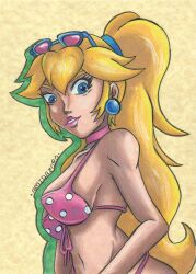 1girls amidazoro artist_name big_breasts bikini blonde_hair blue_eyes breasts busty cleavage eyewear_on_head female female_only large_breasts long_hair looking_at_viewer mario_(series) navel nintendo pink_lips ponytail princess_peach smile solo sunglasses sunglasses_on_head swimsuit thong_bikini traditional_media