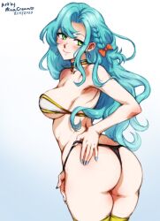 1girls aqua_hair ass ass_focus back bare_shoulders big_ass black_panties blue_hair blush braid breasts chloe_(fire_emblem) commentary english_commentary female female_only fire_emblem fire_emblem_engage green_eyes huge_ass large_breasts long_hair looking_at_viewer minacream nintendo panties presenting side_braid smile solo thick_thighs thighs thong underwear very_long_hair