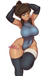 1girls 2021 armpits artist_name ass_visible_through_thighs avatar_legends bandage breasts bridal_gauntlets cute dark-skinned_female dark_skin female female_focus female_only jakuson_z korra leotard navel_visible_through_clothes nickelodeon ponytail smile solo source_request the_avatar the_legend_of_korra thick_thighs thighhighs thighs tying_hair water_tribe white_background wide_hips wink