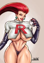 bare_legs bare_midriff big_breasts bimbo breasts busty crop_top earrings elbow_gloves female female_focus female_only hourglass_figure jessie_(pokemon) long_hair makeup nintendo pinup pinup_pose pokeball pokemon red_hair standing thong underboob wide_hips wink winking wkart