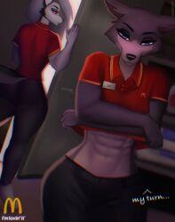 2023 5_fingers abs anthro aozee beastars bedroom_eyes black_body black_bottomwear black_clothing black_fur black_pants blue_eyes bottomwear brown_body brown_fur canid canid_demon canine canis clothing demon dialogue digital_media_(artwork) duo employee_uniform english_text fast_food_uniform female fingers goth_girl helluva_boss hi_res imminent_sex inside juno_(beastars) logo looking_back loona_(helluva_boss) mammal mcdonald's muscular muscular_female name_tag narrowed_eyes netflix pants red_clothing red_shirt red_topwear seductive shirt smiling_at_viewer text topwear undressing uniform white_body white_eyes white_fur wolf wolf_ears wolf_tail