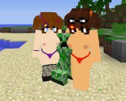 1boy 2girls 3d aliasing creeper dominant_male glasses_on_head horny huge_breasts lowres milf minecraft purple_bikini red_bikini