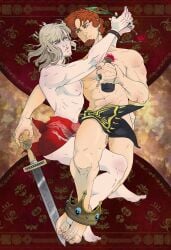 blonde_hair blue_eyes canute cuddling edmund_ironside flag_(object) freckles gay green_eyes medieval red_body vinland_saga