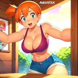 1girls ai_generated armpits audiostick belly_button breasts cleavage colorful excited female female_only green_eyes hi_res high_resolution highres huge_breasts kasumi_(pokemon) large_breasts looking_at_viewer midriff minishorts navel open_mouth orange_hair pokemon ponytail red_hair shorts smile smiling smiling_at_viewer solo stable_diffusion tank_top watermark wide_eyed wide_hips