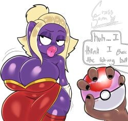 1girls arm_up big_breasts blonde_hair breasts busty clothing cross_samax dialogue dress female female_focus hand_behind_head huge_breasts humanoid jynx large_breasts no_humans pokémon_(species) pokeball pokemon pokemon_(species) purple_skin text thick_lips thick_thighs thighhighs wide_hips